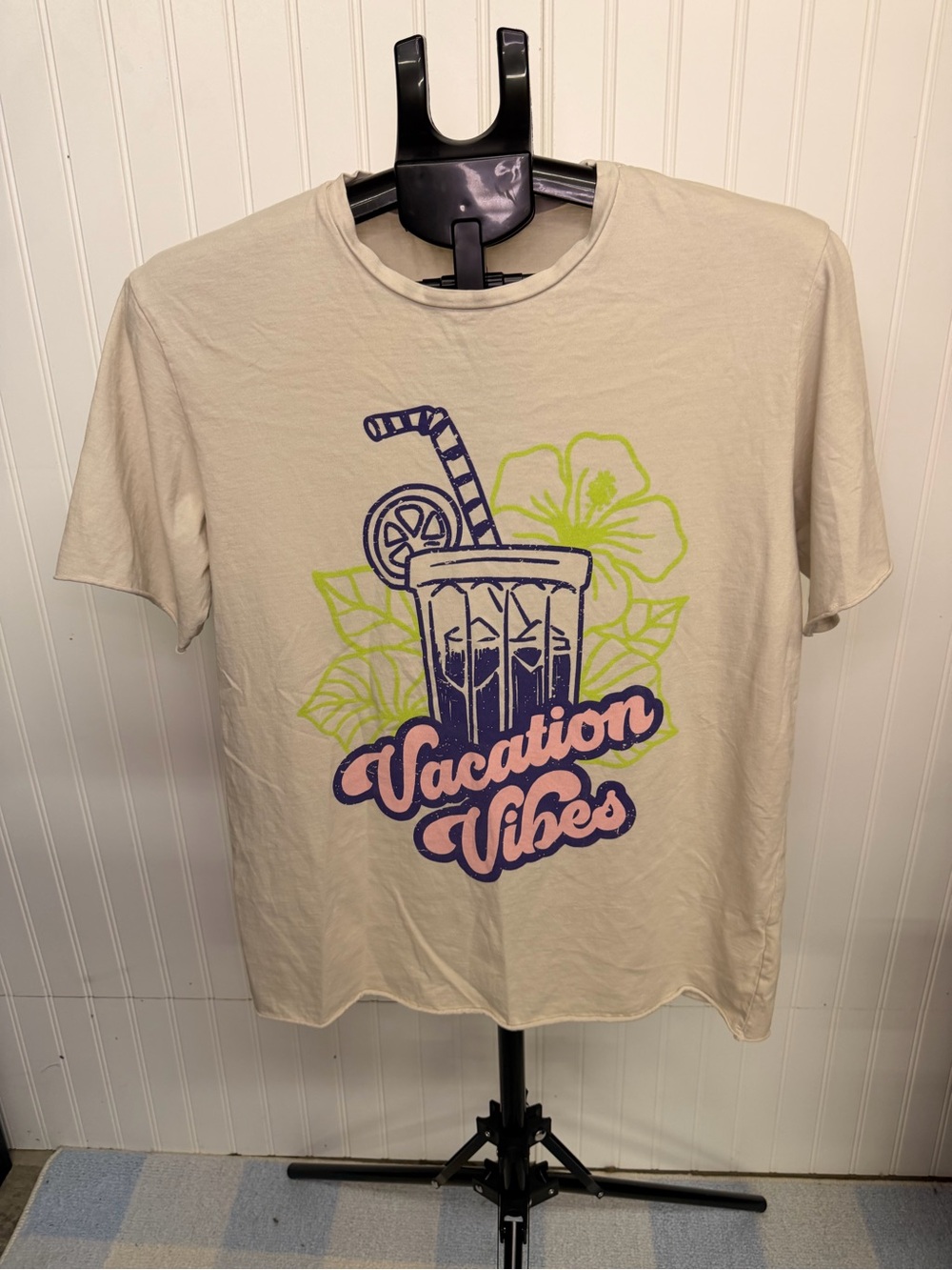 Vacation Vibes Graphic Tee - Cream with Pink & Green Print